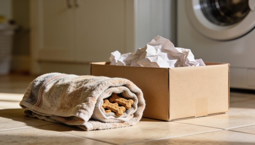A rolled old towel with dog biscuits tucked into the folds beside a cardboard box filled with scrunched paper.