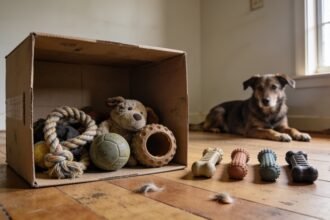 A box of dog toys on a living-room floor beside four toys set out in a row, with a dog resting in the background.