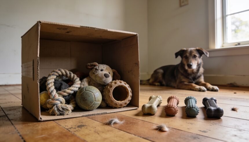 A box of dog toys on a living-room floor beside four toys set out in a row, with a dog resting in the background.