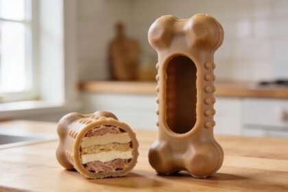 A hollow rubber dog toy shown in cross-section on a kitchen bench, with visible layered filling inside.