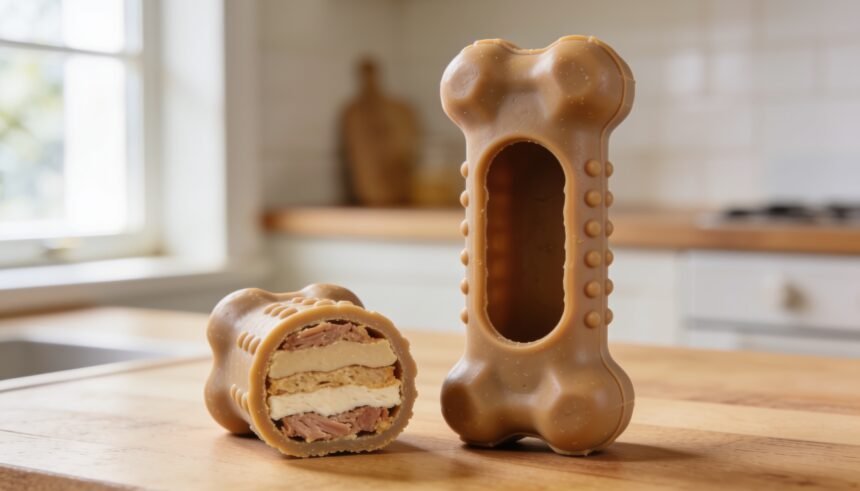 A hollow rubber dog toy shown in cross-section on a kitchen bench, with visible layered filling inside.