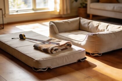 A flat cushion dog bed and a bolster dog bed side by side on a timber floor with a tape measure across one.