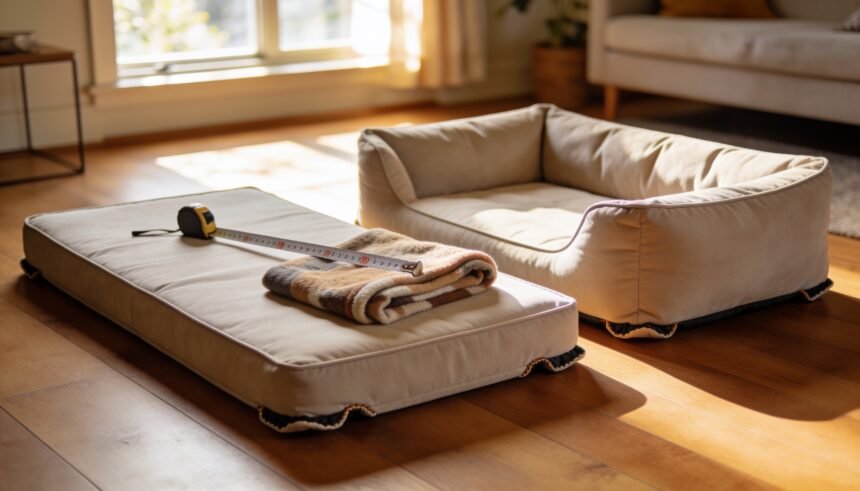 A flat cushion dog bed and a bolster dog bed side by side on a timber floor with a tape measure across one.