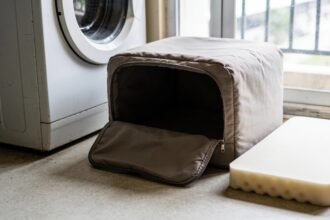 A dog bed cover unzipped and pulled back with the foam inner removed beside it on a laundry floor.