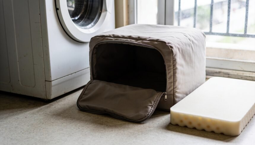 A dog bed cover unzipped and pulled back with the foam inner removed beside it on a laundry floor.