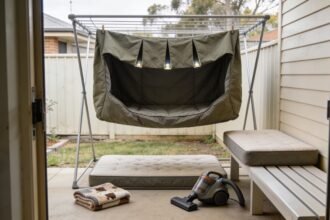 A dog bed cover drying on a rack beside its separate foam inner and a folded blanket.