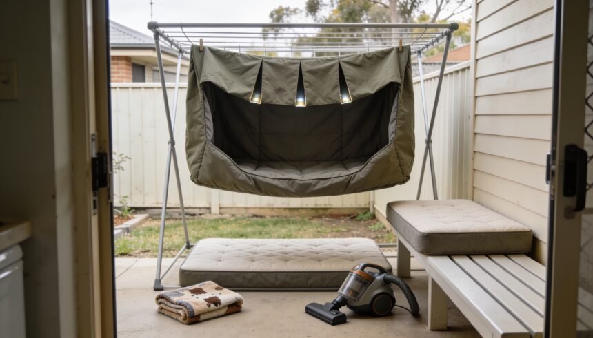 A dog bed cover drying on a rack beside its separate foam inner and a folded blanket.