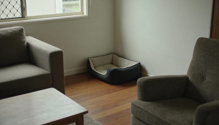 A small corner-shaped dog bed against a wall beside a couch in a compact living room.