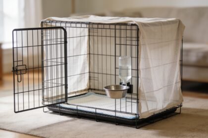 A wire dog crate with a light cover over the back and sides only, a flat mat inside and a clip-on water bowl.