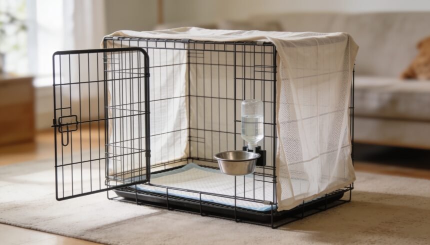 A wire dog crate with a light cover over the back and sides only, a flat mat inside and a clip-on water bowl.