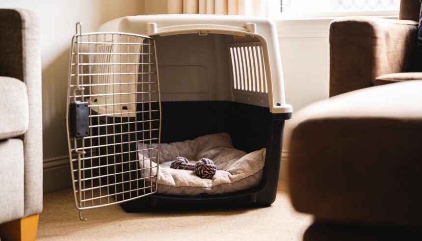 A dog crate in a living room with the door propped open, bedding inside and a chew toy on the bedding.