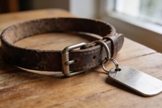 A dog collar with a stainless steel identification tag on a wooden table.
