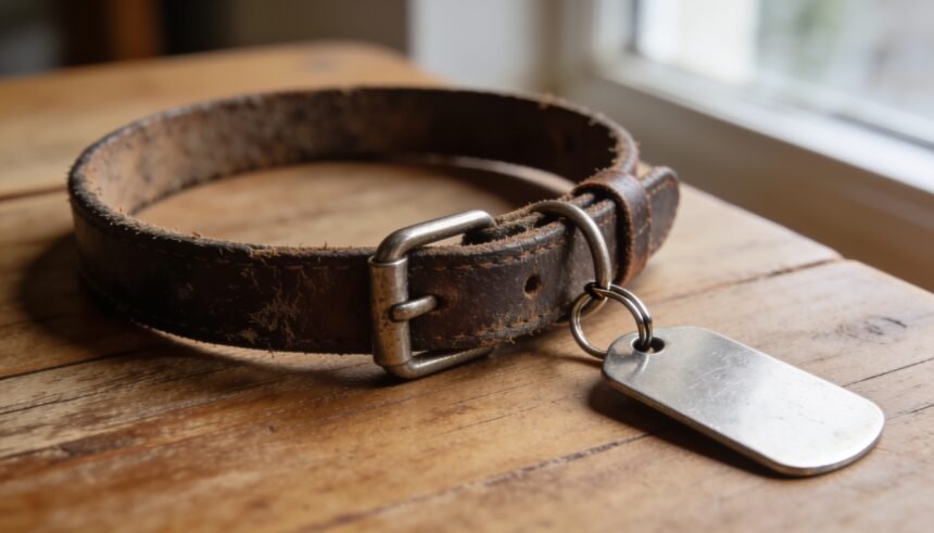 A dog collar with a stainless steel identification tag on a wooden table.