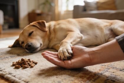 A dog lying calmly on a rug with one paw resting in an open hand, treats on the rug beside them.