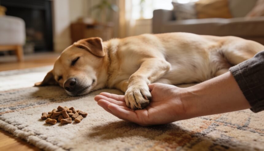 A dog lying calmly on a rug with one paw resting in an open hand, treats on the rug beside them.