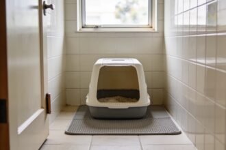 A hooded litter tray with its flap removed, on a mat in a tiled bathroom corner with the door wedged open.