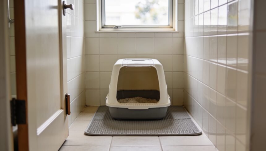 A hooded litter tray with its flap removed, on a mat in a tiled bathroom corner with the door wedged open.