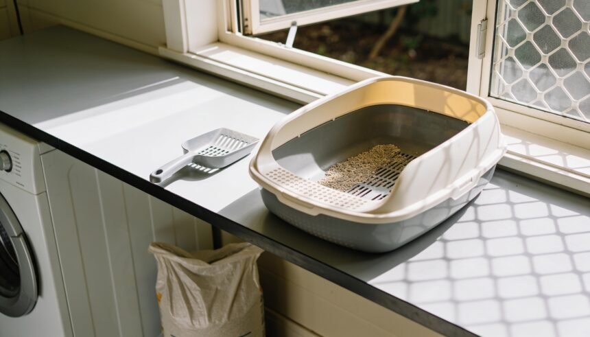 A litter tray on a laundry bench beside an open window, with a scoop next to it and a bag of litter below.