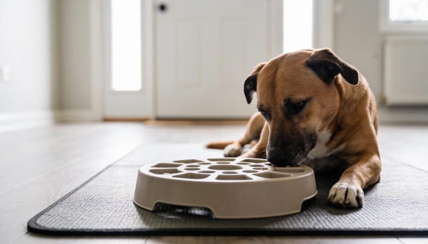 A dog lying calmly on a mat working at a puzzle feeder in an empty living room with a closed front door behind.