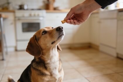 A dog sitting on a kitchen floor looking up at a hand holding a small piece of food.