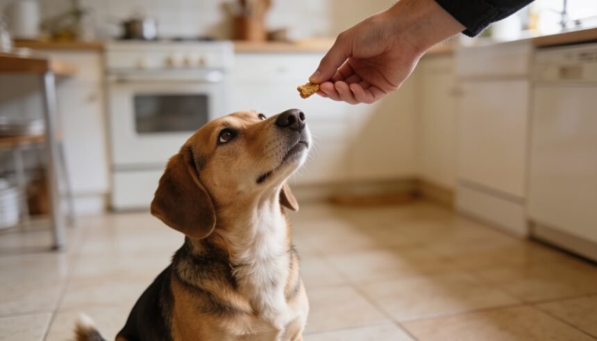 A dog sitting on a kitchen floor looking up at a hand holding a small piece of food.