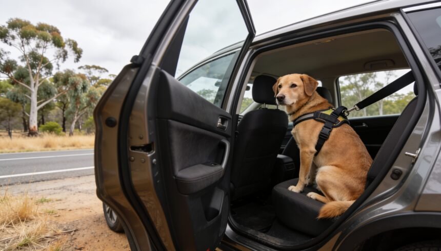 A dog secured in a car harness on the back seat of a car at an Australian roadside rest stop.