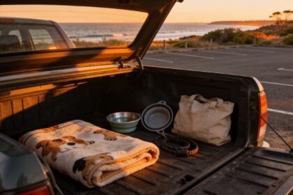 A packed car boot with a dog blanket, lead and travel water bowl before a weekend away.