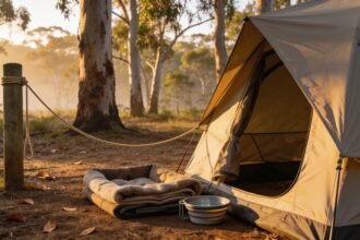 A bush campsite with a tent, a dog bed and a water bowl set up outside in early morning light.