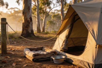 A bush campsite with a tent, a dog bed and a water bowl set up outside in early morning light.