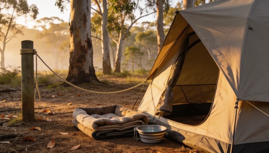 A bush campsite with a tent, a dog bed and a water bowl set up outside in early morning light.