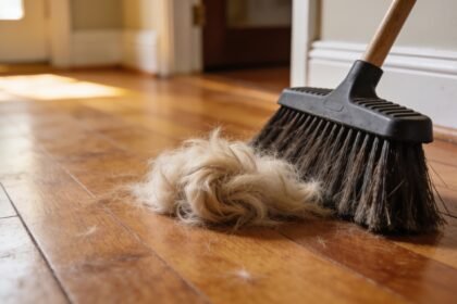 A broom gathering a clump of dog fur into a pile on a timber floor beside a skirting board.