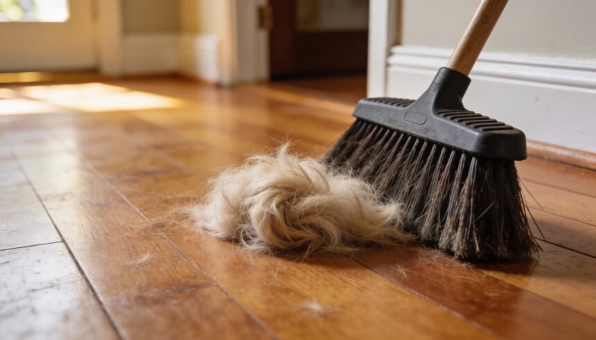 A broom gathering a clump of dog fur into a pile on a timber floor beside a skirting board.