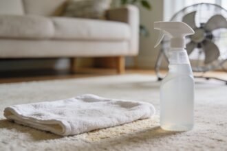 A damp towel laid over a section of pale carpet with an unlabelled spray bottle beside it and a fan behind.