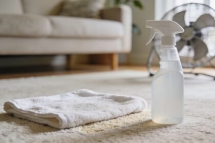 A damp towel laid over a section of pale carpet with an unlabelled spray bottle beside it and a fan behind.