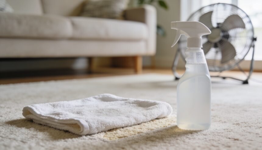A damp towel laid over a section of pale carpet with an unlabelled spray bottle beside it and a fan behind.