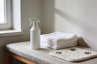 An unlabelled cleaning bottle and folded cloths beside a washable pet mat in a laundry.