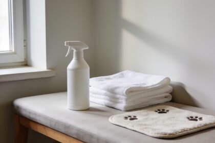 An unlabelled cleaning bottle and folded cloths beside a washable pet mat in a laundry.