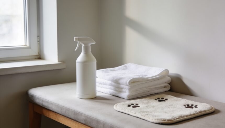 An unlabelled cleaning bottle and folded cloths beside a washable pet mat in a laundry.