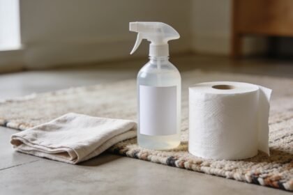 Cleaning supplies including a cloth, spray bottle and paper towel arranged beside a rug on a hard floor.