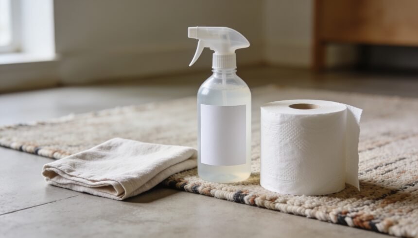 Cleaning supplies including a cloth, spray bottle and paper towel arranged beside a rug on a hard floor.