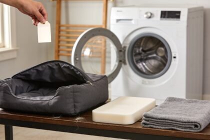 A dog bed cover, foam inner and blanket laid out separately on a laundry bench beside a washing machine.