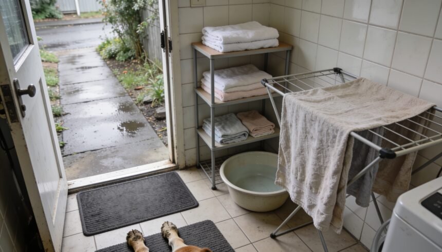A mat, clean towels and empty basin beside a back door, with a used towel spread on a drying rail.
