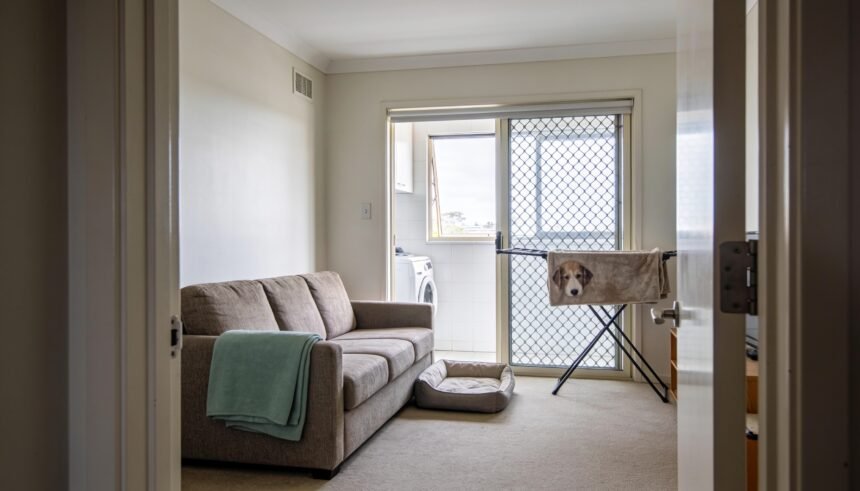 A tidy living room with a folded sofa throw, dog bed and pet blanket drying in the adjoining laundry.