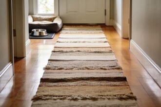A continuous path of rugs across a timber floor leading from a low dog bed to a back door, with a water bowl beside.