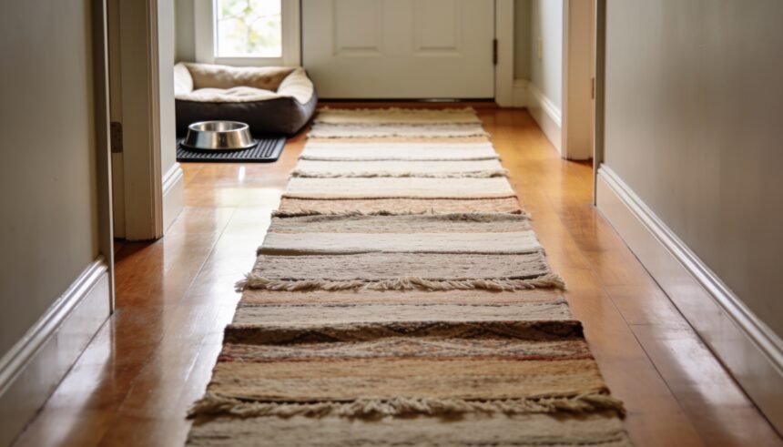 A continuous path of rugs across a timber floor leading from a low dog bed to a back door, with a water bowl beside.
