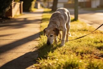 An older dog standing with its nose down in grass beside a shaded path, lead slack, in early morning light.
