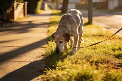 An older dog standing with its nose down in grass beside a shaded path, lead slack, in early morning light.