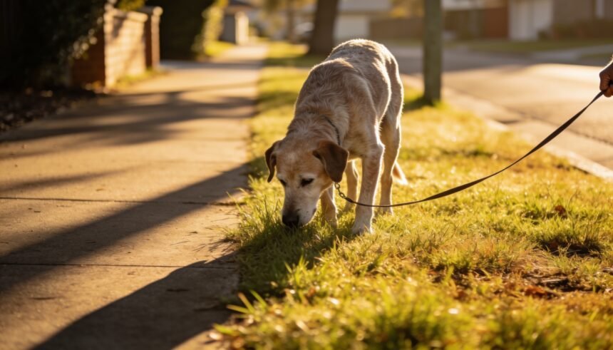 An older dog standing with its nose down in grass beside a shaded path, lead slack, in early morning light.