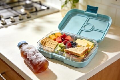 A packed school lunchbox with a frozen drink bottle beside it on a kitchen bench.