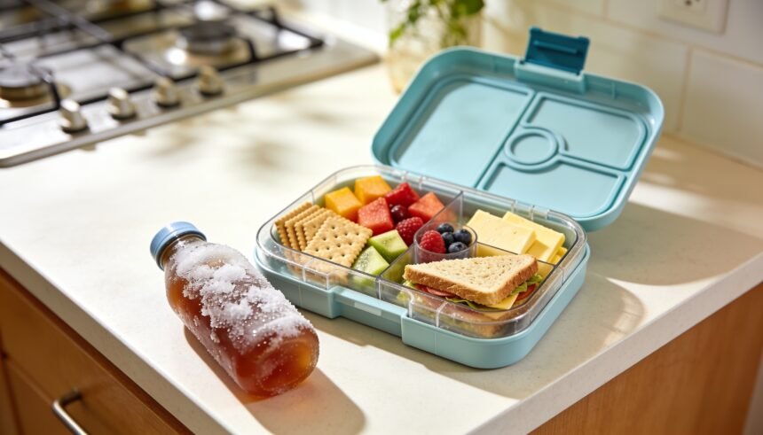 A packed school lunchbox with a frozen drink bottle beside it on a kitchen bench.